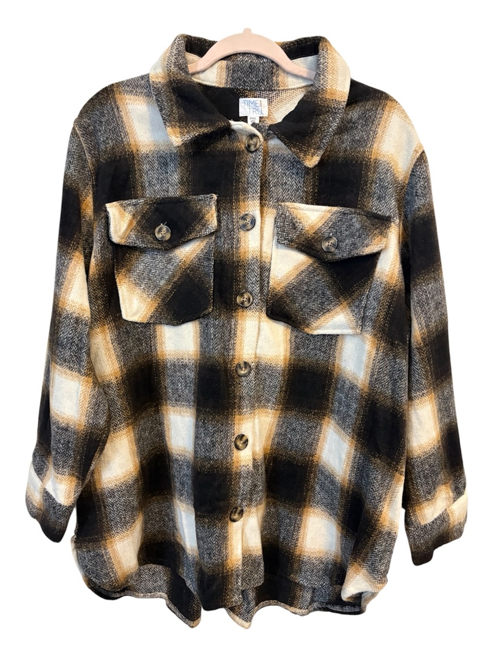 Time and Tru Girls' Black, Tan & Cream Plaid Button-Up Shacket